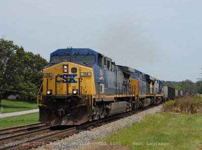 A hopper train is westbound at Lagrange.jpg