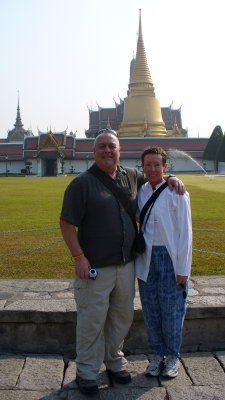 Here we are, in front of the Grand Palace.  Long pants and covered shoulders show respect.