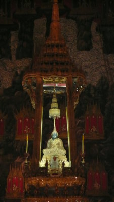 The Emerald (jade) Buddha, from afar (no photos inside the temple.)  Statue is dressed for winter.