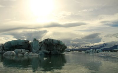 Weak afternoon sun shines on the icebergs