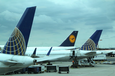 Continental (or United) tails flank Lufthansa tail in a cloudy EWR