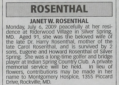 Janet's ashes will be placed with Dr. Harry's in Arlington National Cemetery. Rest in Peace, Janet.
