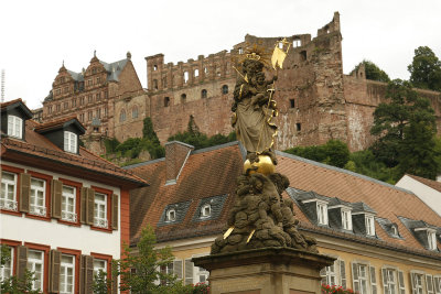 The beautiful Heidelberg castle from Kornmarkt, one of the squares in old Heidelberg