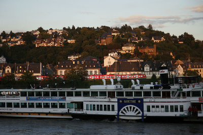 KD line docking sideways at Koblenz dock, sunset