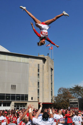 Ohio State University Cheerleader flying high