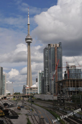 CN Tower viewed from a railroad bridge