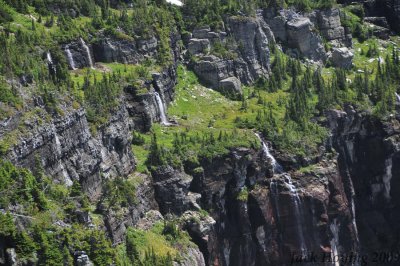 Multiple water falls going into Hidden Lake