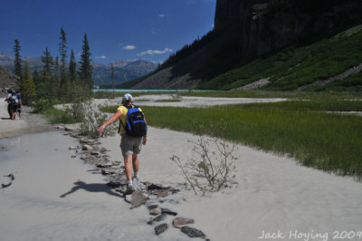 Crossing an overflowed glacial water creek