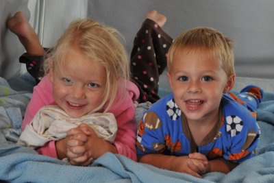 Macey & Camden getting ready for bed in the camper