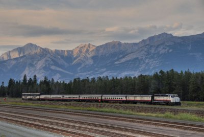 The Rocky Mountaineer tour train approaches Jasper Station