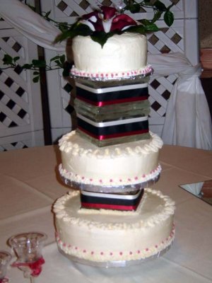 The wedding cake in all it's glory.   Angle Food, Chocolate and Red Velvet!