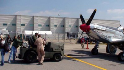 P-51 ready to be towed, but the tow vehicle won't start