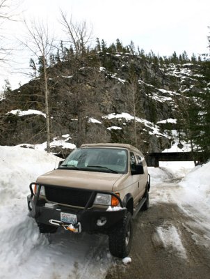 Turning around was fun. One fog light is pushed back into the bumper, from me shoving the bumpers into the snowbanks.