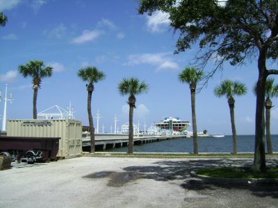 We parked near where I was standing to take this photo, walked up to the pier's road, waited briefly in the sheltered bus stop, and then caught the free trolley ride down that long pier to the building at the far end.