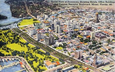1940's - aerial postcard image of downtown Miami and Bayfront Park