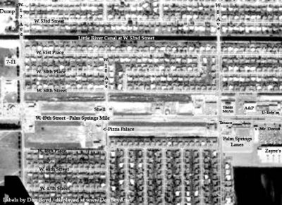 1963 - aerial view of Palm Springs Mile (W. 49th Street) from W. 12th Avenue to W. 7th Avenue, Hialeah (comments below)