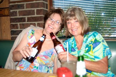 October 2008 - Linda Mitchell Grother and Brenda Reiter enjoying beers with lunch at the last Lums restaurant