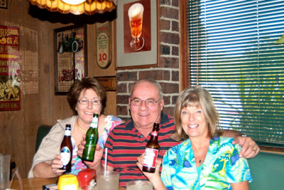October 2008 - Linda Mitchell Grother, Don and Brenda enjoying some beers and lunch at the last Lums restaurant