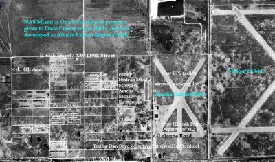 1952 - aerial view of north Hialeah, Amelia Earhart Field and Master's Field with text