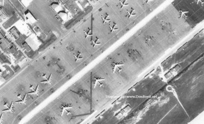 1963 - closeup aerial view of Homestead AFB with 8 B-52's and 10 KC-135's visible