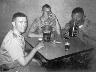 1969 - unknown, Jim Hunt and Terry Bocskey (Hialeah's Hogan's Heroes) showing off their great Army hairstyles at a bar in SC