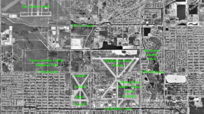 1970 - aerial view of Opa-locka Airport, Amelia Earhart Field (closed) and Masters Field (closed), Miami