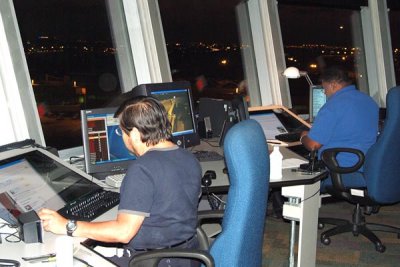 2008 - Pushback Controller Carlos Moran and Gate Controller Jerome JJ Jones at work in the J-Tower at MIA