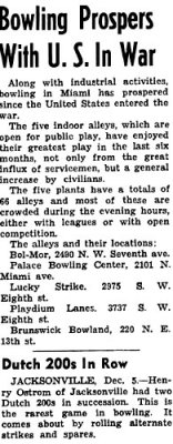 1943 - article about Miami bowling alley popularity with locations of the bowling alleys at the time (comments below)