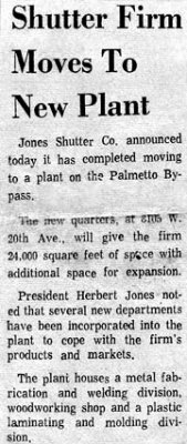 1965 - Miami News article about Jones Shutter moving to Hialeah