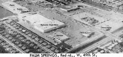 1964 - the east end of Palm Springs Mile looking northwest featuring the stand-alone Richards department store