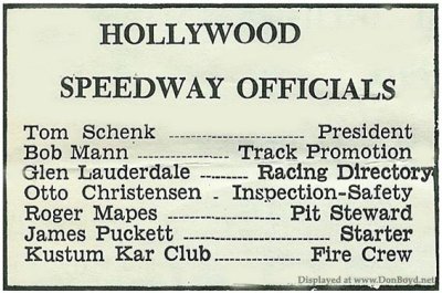 1966 - Hollywood Speedway Officials listed on page 2 of the Hollywood Speedway program