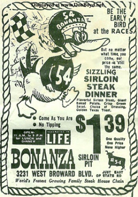 1966 - ad for Bonanza Sirloin Pit restaurant on Broward Boulevard in Ft. Lauderdale