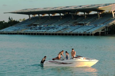Boaters near our anchoring spot for our cookout with the Miami Marine Stadium in the background