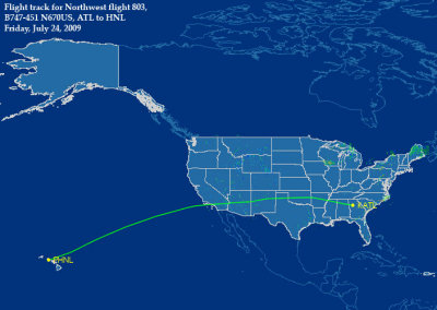 Our complete flight tracking path from Atlanta to Honolulu onboard Northwest Airlines flight 803 B747-451 N670US