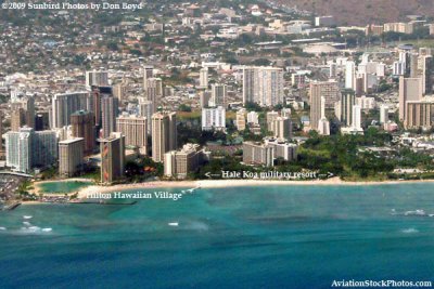 2009 - the Hilton Hawaiian Village and the Hale Koa military resort on Waikiki Beach from Northwest flight 802