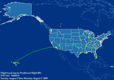 Our complete flight tracking path from Honolulu to Atlanta onboard Northwest Airlines flight 802 B747-451 N664US