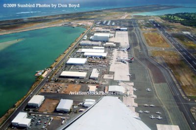 A takeoff aerial view of a cargo area at Honolulu International Airport