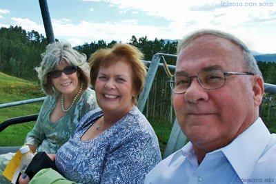 August 2010 - Brenda, Karen and Don riding the ski lift to her son Justin's wedding to Erica Mueller on the mountain