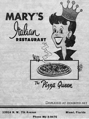 1950's and 60's - menu cover for Mary's Italian Restaurant at 13914 NW 7th Avenue, North Miami