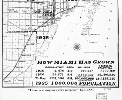 1925 - map of old Miami and surrounding environs in 1925, south of Flagler Street,  and projected growth by 1935