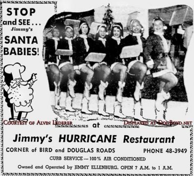 1953 - ad for Jimmy Ellenburg's Jimmy's Hurricane Restaurant featuring his Santa's Babes