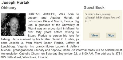 2012 - Obituary for Joseph Big Joe Hurtak - click on image to view