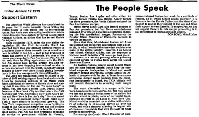 1979 - The Miami News - Letter to the Editor - support Eastern instead of Pan Am