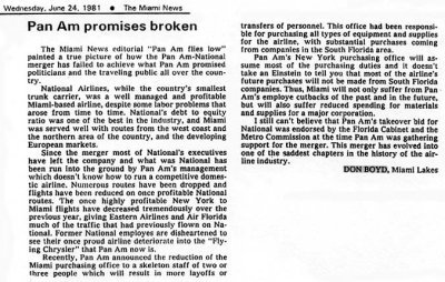 1981 - The Miami News - letter to the editor about failed Pan Am-National Airlines merger