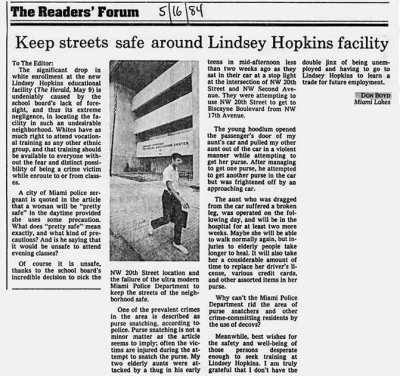 1984 - The Miami Herald - letter to the editor about crime around Lindsey Hopkins