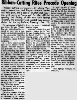December 1962 - Home News article about the Wometco Palm Springs Theater grand opening