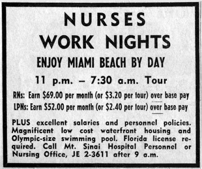 1964 - Mt. Sinai Hospital ad for night nurses in The Miami News