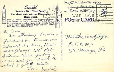 1944 - back side of  Venetian Way postcard postmarked January 7, 1944