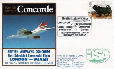 1984 - British Airways Concorde First Flight to Miami from London postal cachet