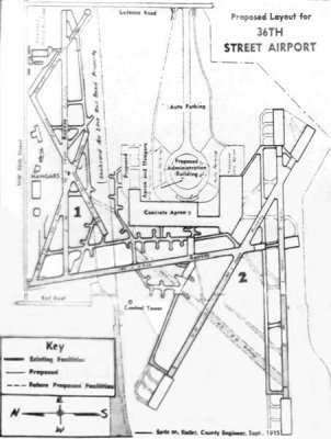 1945 - closeup of diagram of proposal to combine the 36th Street Airport with the military airfields to the south